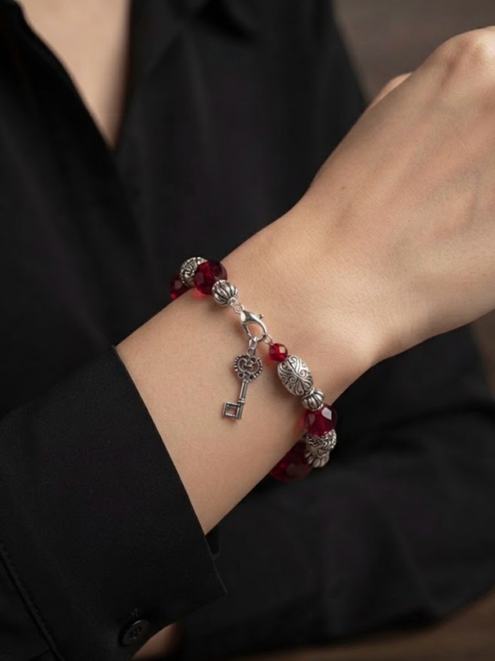 Vintage Red Crystal Beaded Bracelet with Silver Accents